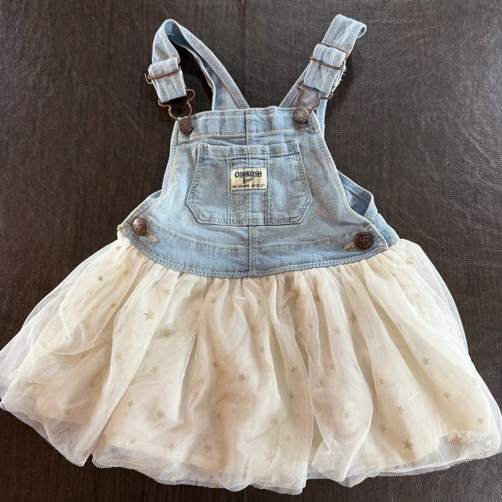 OshKosh B'gosh Blue Denim and Cream Tulle Skirt with Gold Star Overall Dress
